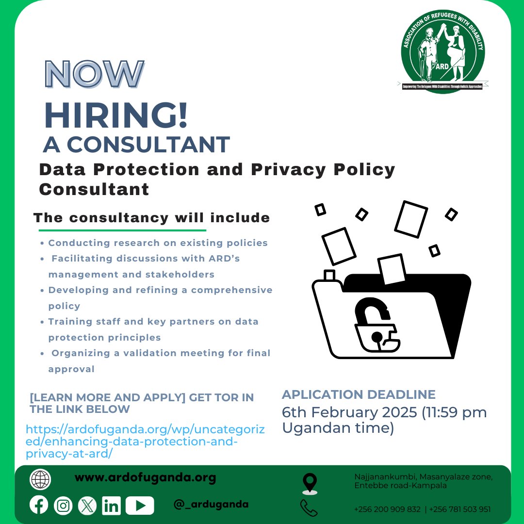 📢 We’re Hiring a consultant! 📢

🚀 ARD is developing a Data Protection &amp; Privacy Policy to safeguard refugee data &amp; confidentiality.
📝 Apply before: 6th Feb 2025
📌 Learn more 👉 ardofuganda.org/wp/uncategoriz…

#DataPrivacy 
#RefugeeRights 
#ARDUganda