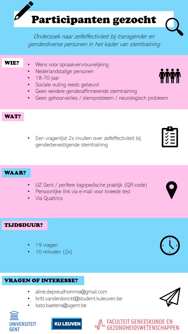 Heyhey 

In kader van mijn masterproef aan de UGent ben ik op zoek naar transgender en genderdiverse personen met een wens voor spraakvervrouwelijking, maar die nog geen gendergerelateerde logopedie hebben gevolgd.

Ben of ken jij iemand? Aarzel niet en stuur mij een berichtje!💖