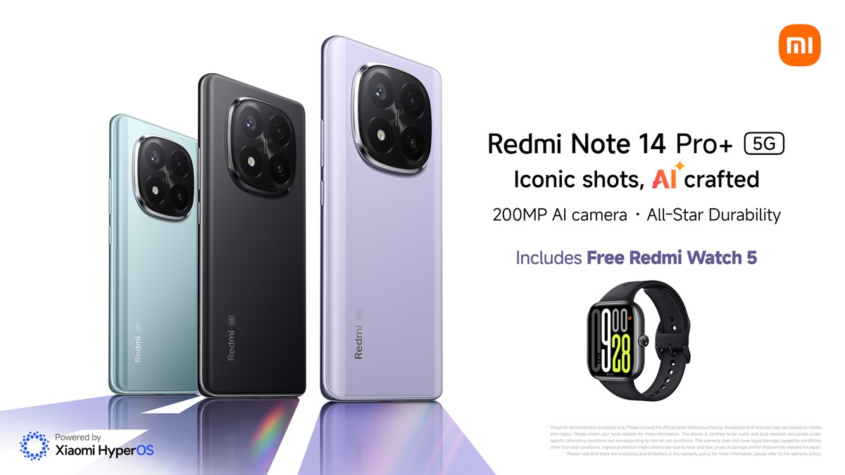 Limited time offer.  Get a free #RedmiWatch5 when you buy our brand new #RedmiNote14ProPlus smartphone.  

Available at <a href="/eir/">eir</a> <a href="/harveynormanIE/">Harvey Norman IE</a>