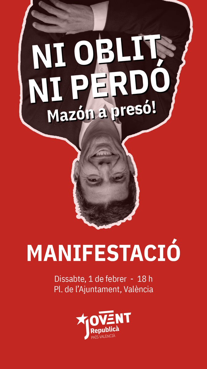 JoventPV's tweet photo. 📢 Ens veiem demà a la manifestació contra Mazón!

Tres mesos després de la catàstrofe, el PP continua sense assumir responsabilitats, contractant empreses relacionades amb casos de corrupció i mentint el poble valencià.

Ni oblit ni perdó: Mazón a presó! ✊ https://t.co/f3yQYYn8O1