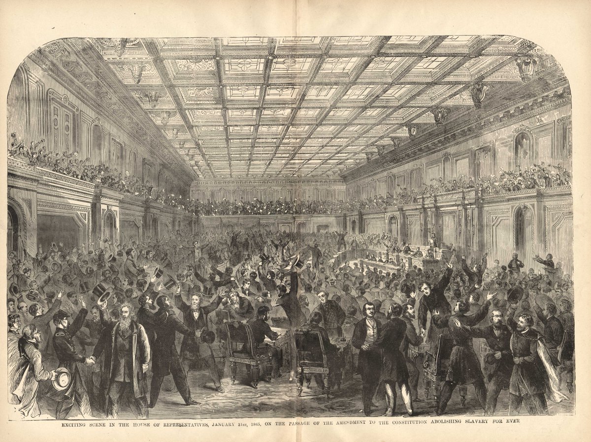 “The final announcement of the vote was the sequel for a whirlwind of applause." The House passed what would become the 13th Amendment to the Constitution #OTD 1865, abolishing slavery. loom.ly/ReXez00