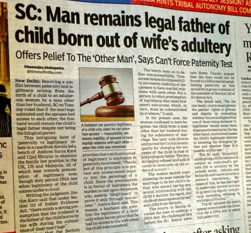 [Thread]

2-3 days back a Bench of Justice Surya Kant and Justice Ujjal Bhuyan refused to direct a DNA test to determine paternity in a case where the wife had an affair with another man. This judgment has caused heartburn, especially to so-called men's rights activists.