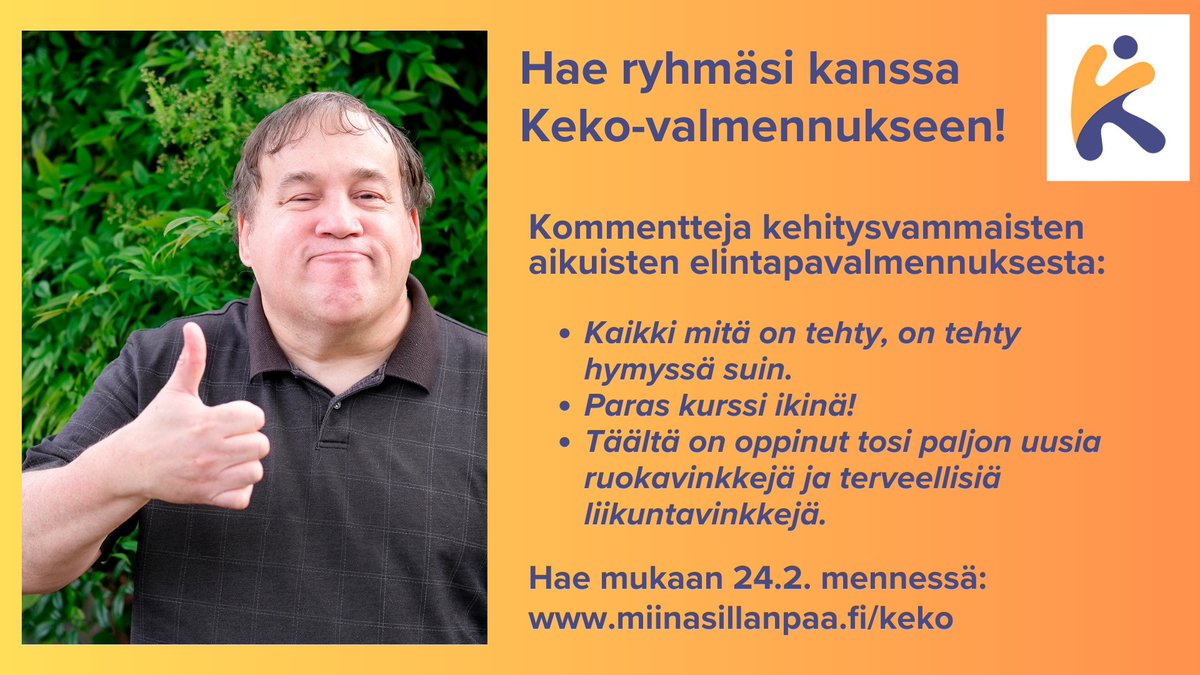 Hae mukaan Keko-valmennukseen! Hakuaikaa suosittuun kehitysvammaisten pienryhmien elintapavalmennukseen on 24.2. asti. Uutena yksi valmennusryhmä erityisesti ikääntyneille kehitysvammaisille. Lisätietoja: miinasillanpaa.fi/keko #keko #kehitysvammaiset #terveys #liikunta #yhdessä