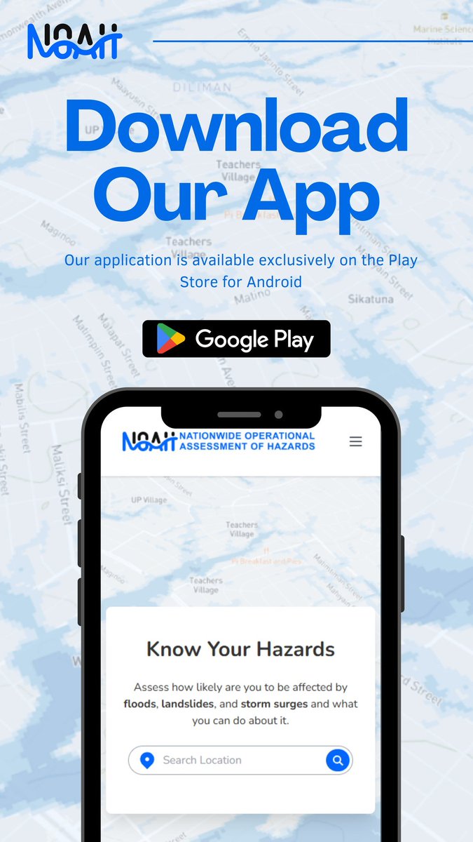 nababaha's tweet photo. NOAH is now on Android! 

We are pleased to announce that NOAH is now available on the Google Play Store. The mobile application provides access to hazard maps for floods, landslides, and storm surges, helping individuals and communities assess their exposure to natural hazards.

Download the app!
https://t.co/yMdEtHRdA6