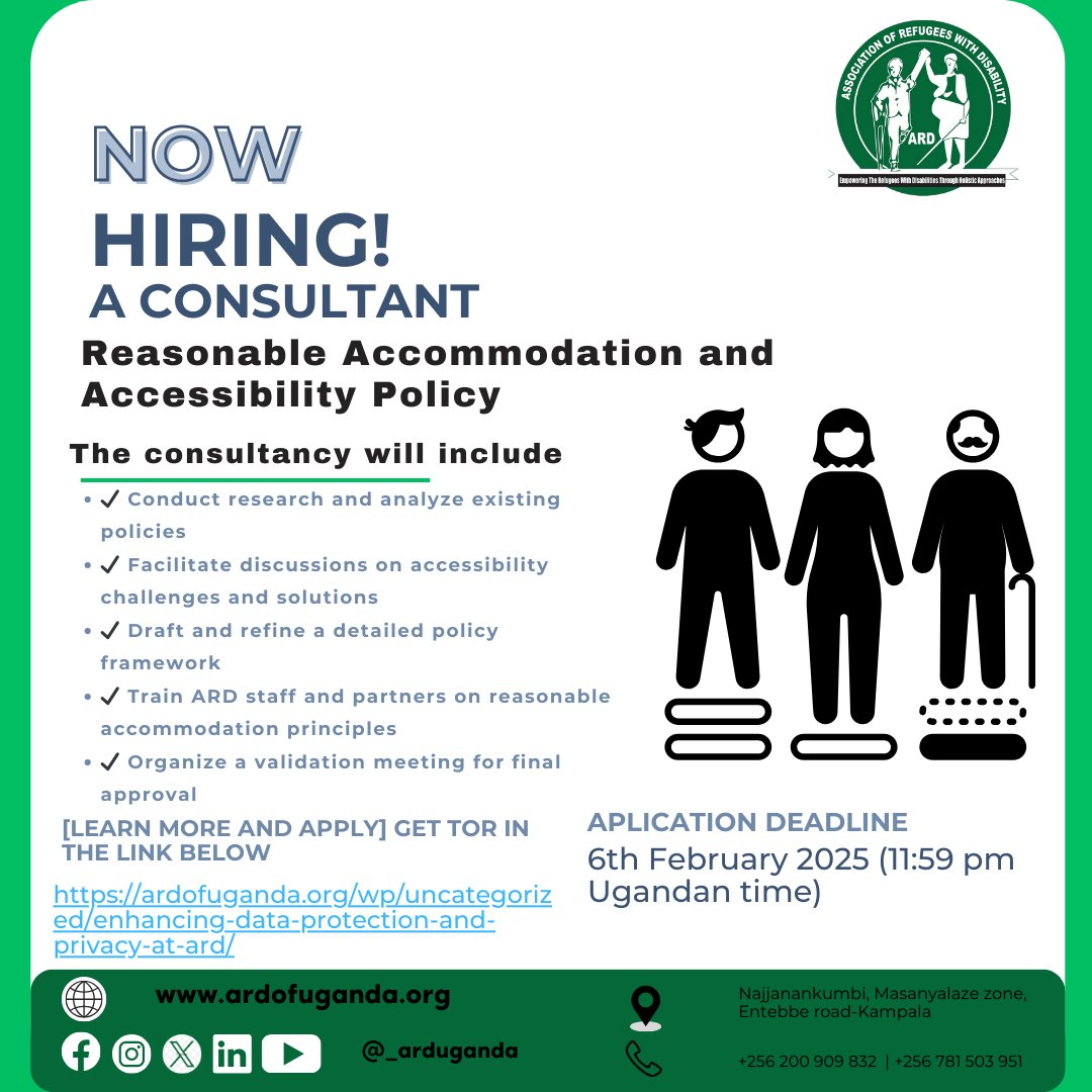 📢 We’re Hiring! 📢

🚀 ARD seeks a consultant to develop a Reasonable Accommodation &amp; Accessibility Policy for refugees with disabilities.

📝 Apply before: 6th Feb 2025
📌 Learn more 👉 ardofuganda.org/wp/uncategoriz…

#AccessibilityForAll 
#DisabilityRights 
#ARDUganda