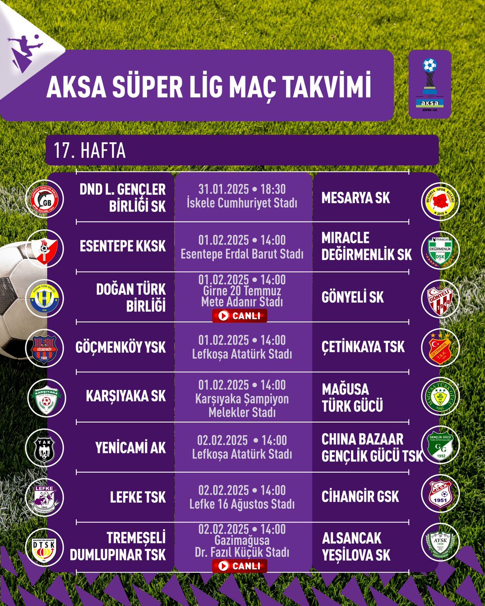📣Aksa Süper Lig 17.hafta fikstürü⚽️
Senin takımın canlı yayını var mı haydi bir göz at👀
#miraclesportv #kktcsüperlig #aksasüperlig #futbol #maç #fikstür