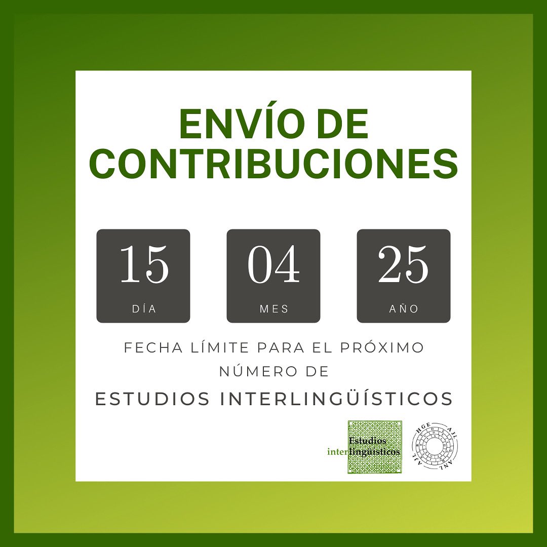 📢 Envío de contribuciones 📢

Abrimos el plazo de envío de contribuciones para el próximo número de Estudios Interlingüísticos.

estudiosinterlinguisticos.com/envio-de-contr…

Desde la Junta quedamos a vuestra disposición para resolver todo tipo de dudas y ayudaros con vuestros envíos.

¡Anímate!