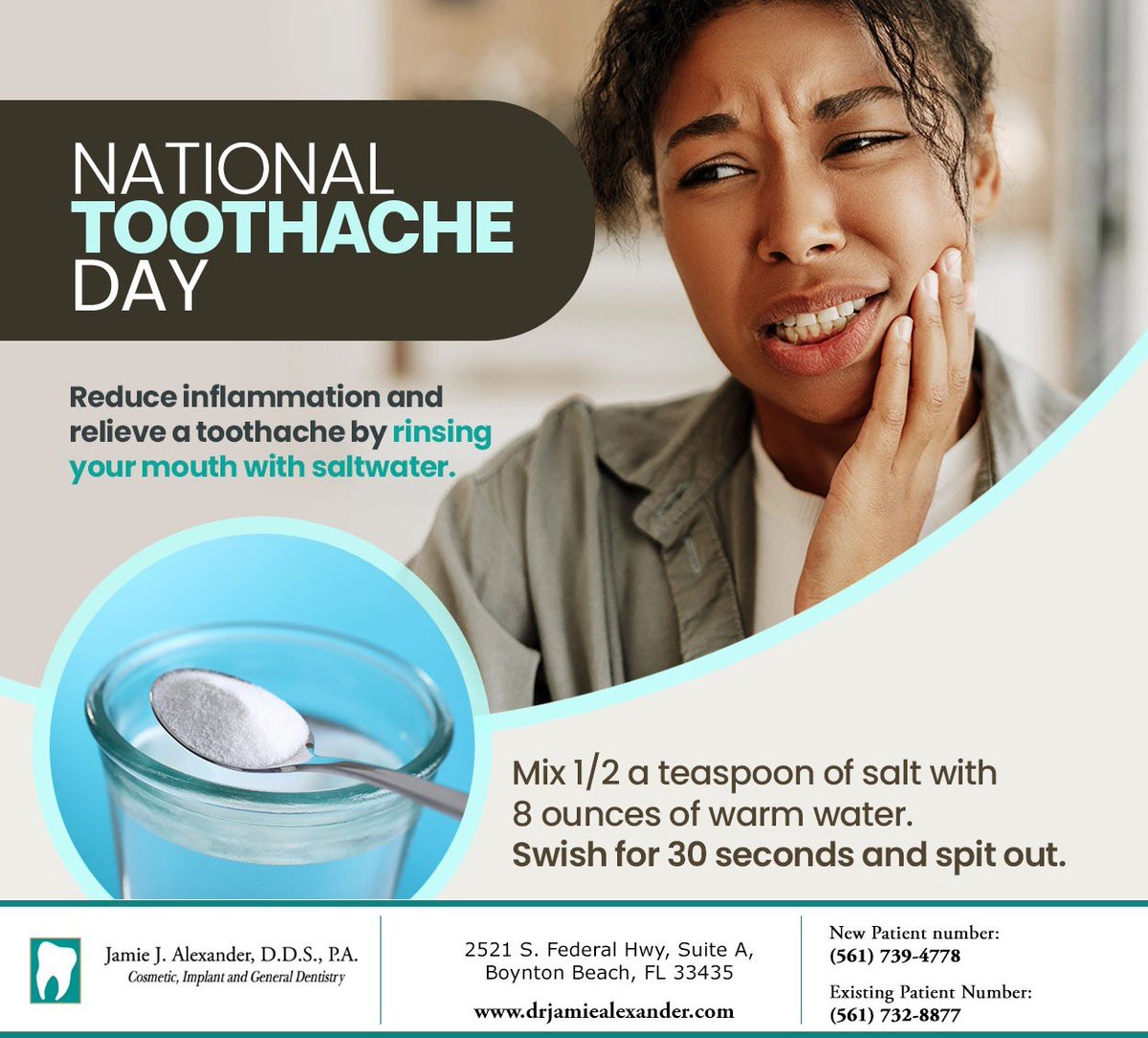 BoyntonDentist's tweet image. Need quick relief from a toothache? Salt is a natural disinfectant and can provide temporary relief until you see your dentist. #saltwaterrinse #toothache #toothpain #JamieJAlexanderDDSPA #BoyntonBeach #FL