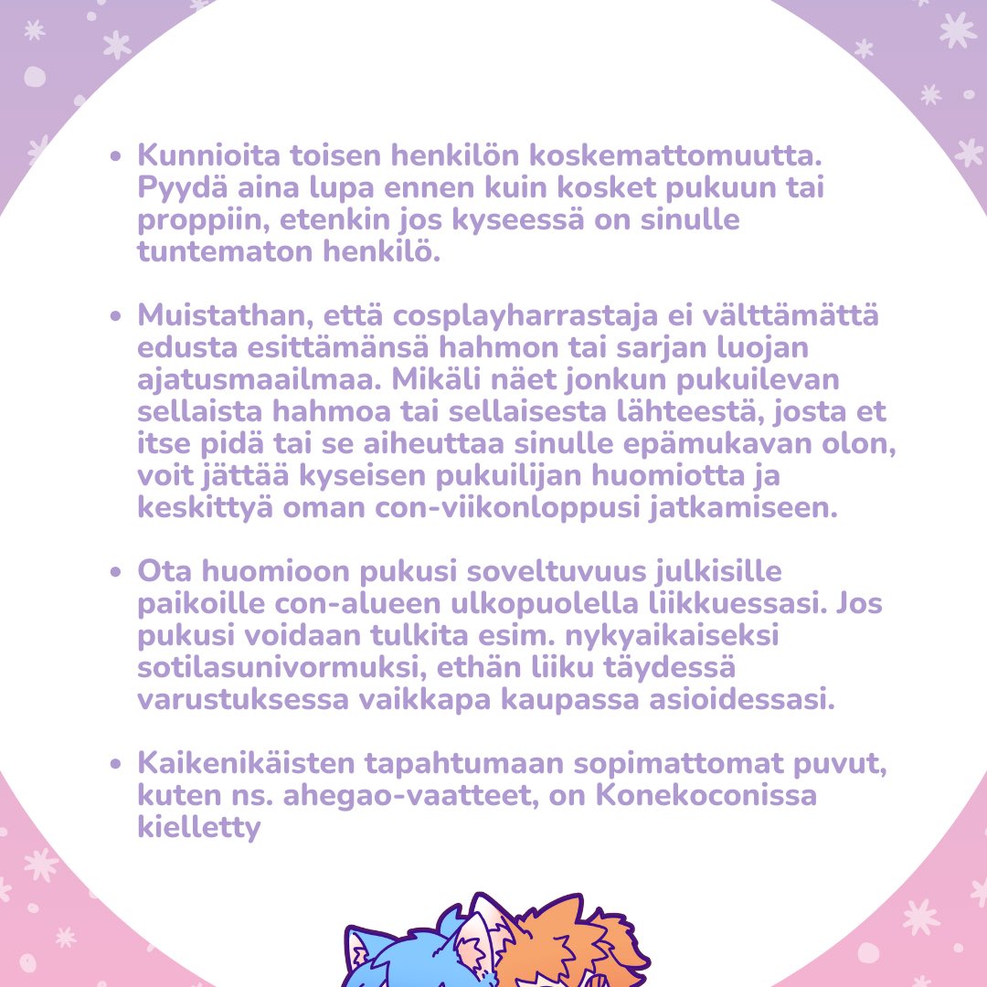 Konekoconin lähestyessä on aika muistutella con-etiketistä ☝🏻Tehdään yhdessä kaikille mukava ja turvallinen tapahtuma!  💗

#konekocon #nekocon #nekoconfi #animetapahtuma #kuopio
