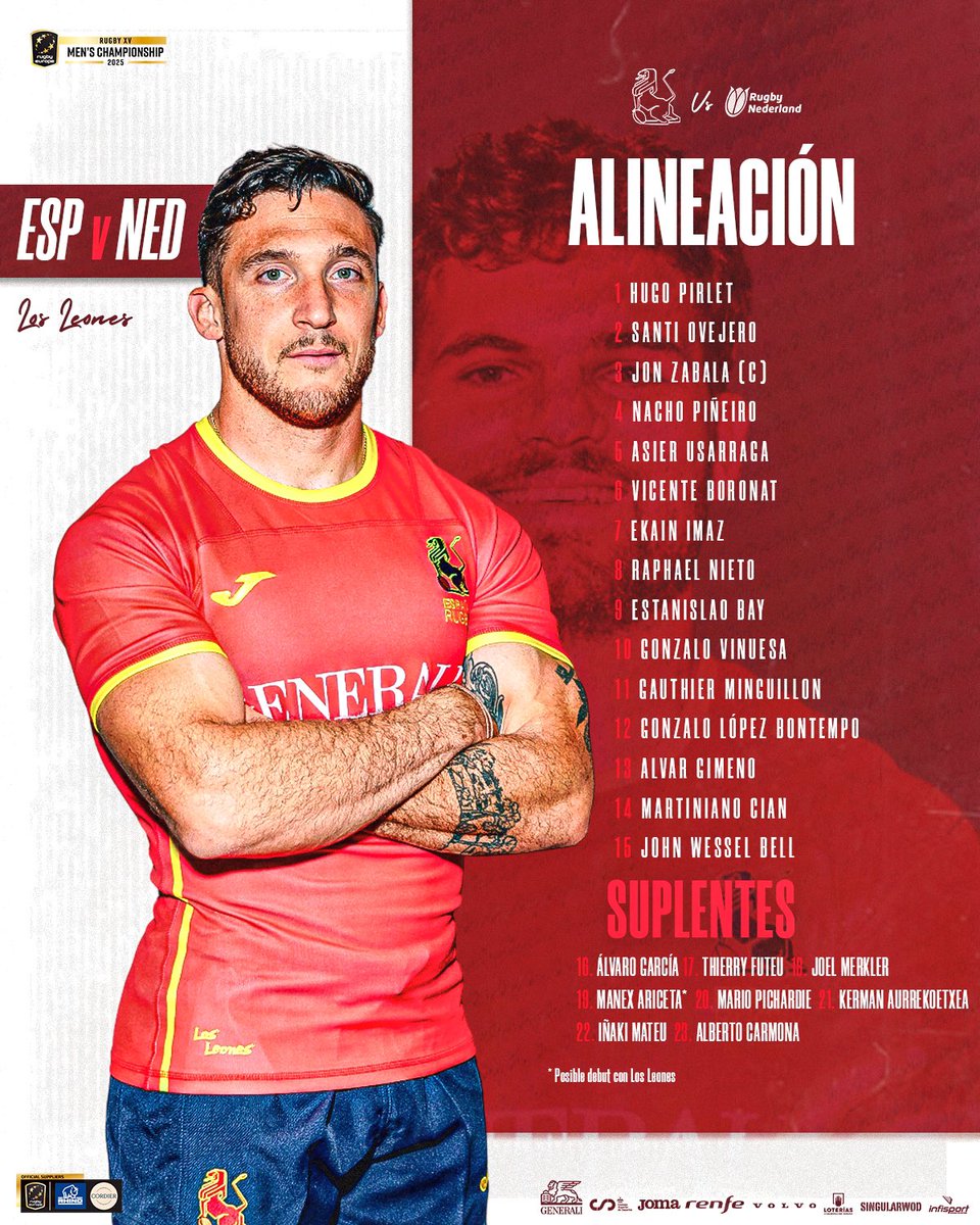 ferugby's tweet photo. 𝐀𝐥𝐢𝐧𝐞𝐚𝐜𝐢𝐨́𝐧 #LosLeones 🫡 

🗓️ 02/02/2025 (12:45 Horas) 

🏟️ El Central, Madrid 

📺 @teledeporte 

#LoQueNosUne | #LosLeones https://t.co/U6GnNtqzTb