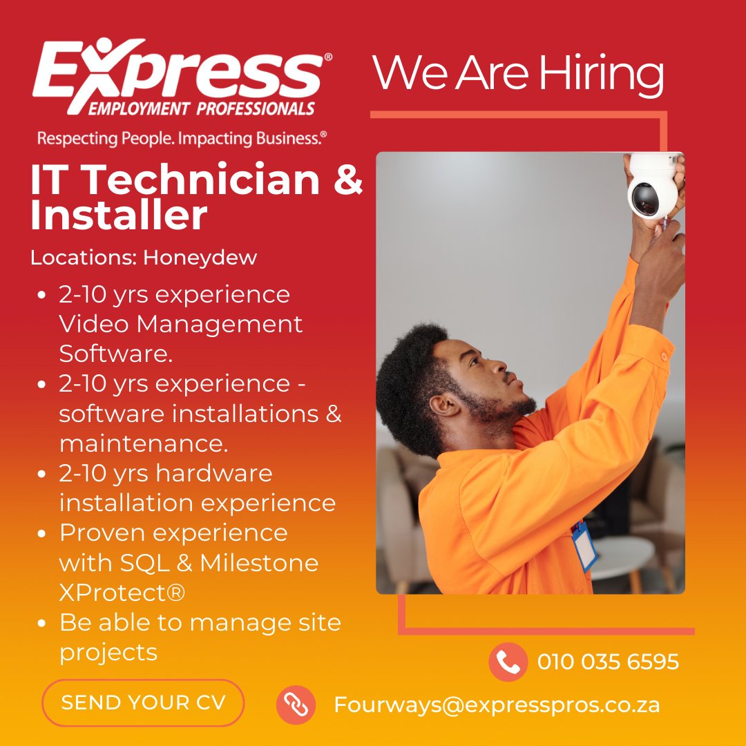 EFourways's tweet image. 🌟 NEW VACANCY ALERT! 🌟

Position:  IT Technician &amp;amp; Installer
Locations: Honeydew

📧 Email: Fourways@expresspros.co.za
📞 Tel: 010 035 6595

#HiringITTechnicianandInstaller 
#SQLJobs #SurveillanceIndustry #JobOpportunity #ExpressProsFourways #FourwaysAlways