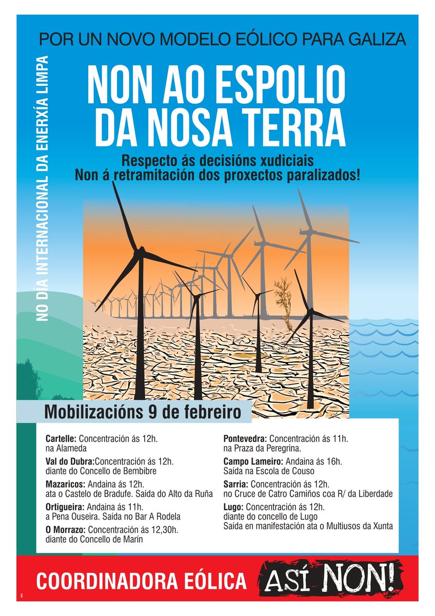 Concentración en #Cartelle en nove días, o 9 de febreiro, para berrar ben forte: 𝐄𝐨́𝐥𝐢𝐜𝐚 𝐀𝐬𝐢́ 𝐍𝐨𝐧!

POR UNHA MORATORIA EÓLICA REAL
NON AO ESPOLIO DOS NOSOS RECURSOS
NON AO ESPOLIO DO NOSO PATRIMONIO

#EólicaAsíNon #STOPEólicos #CastrelodeMiño #HaiqueParalos