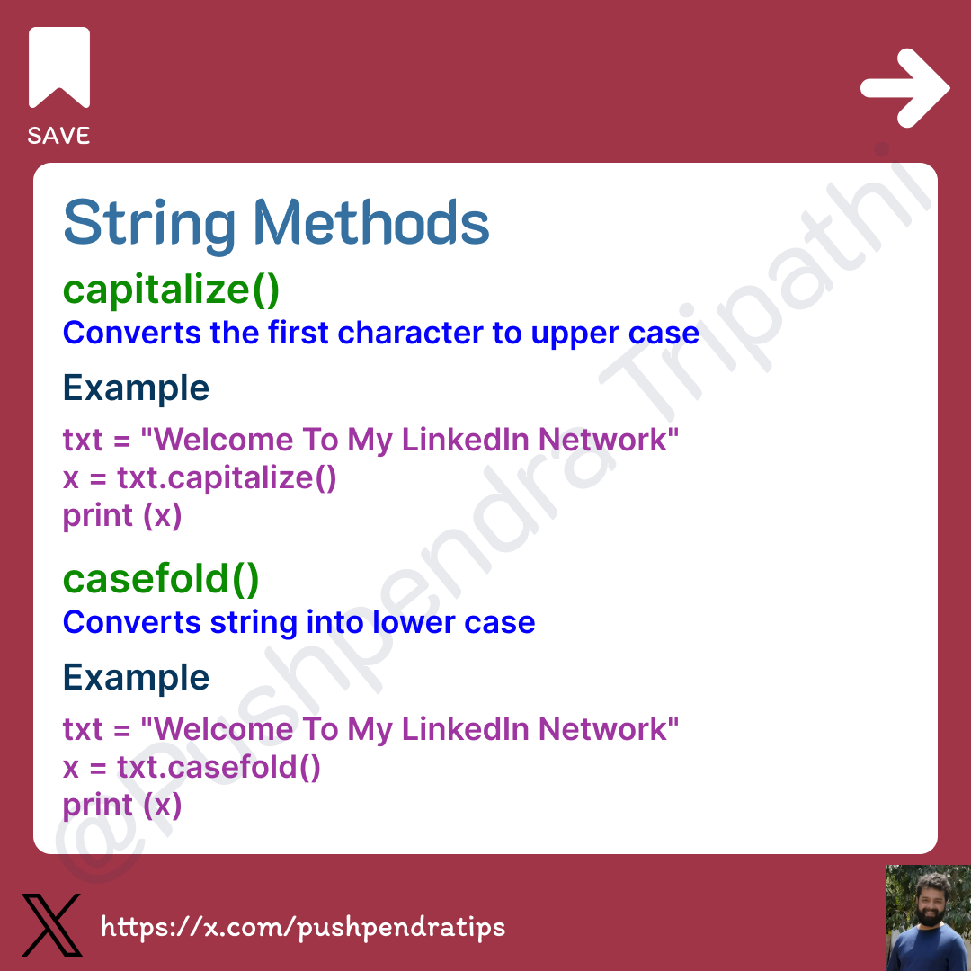 pushpendratips's tweet image. Python String Methods๐
--------------------------------------------
#PythonStringMethods #PythonStrings
#PythonProgramming #LearnPython
#PythonTips #PythonForBeginners