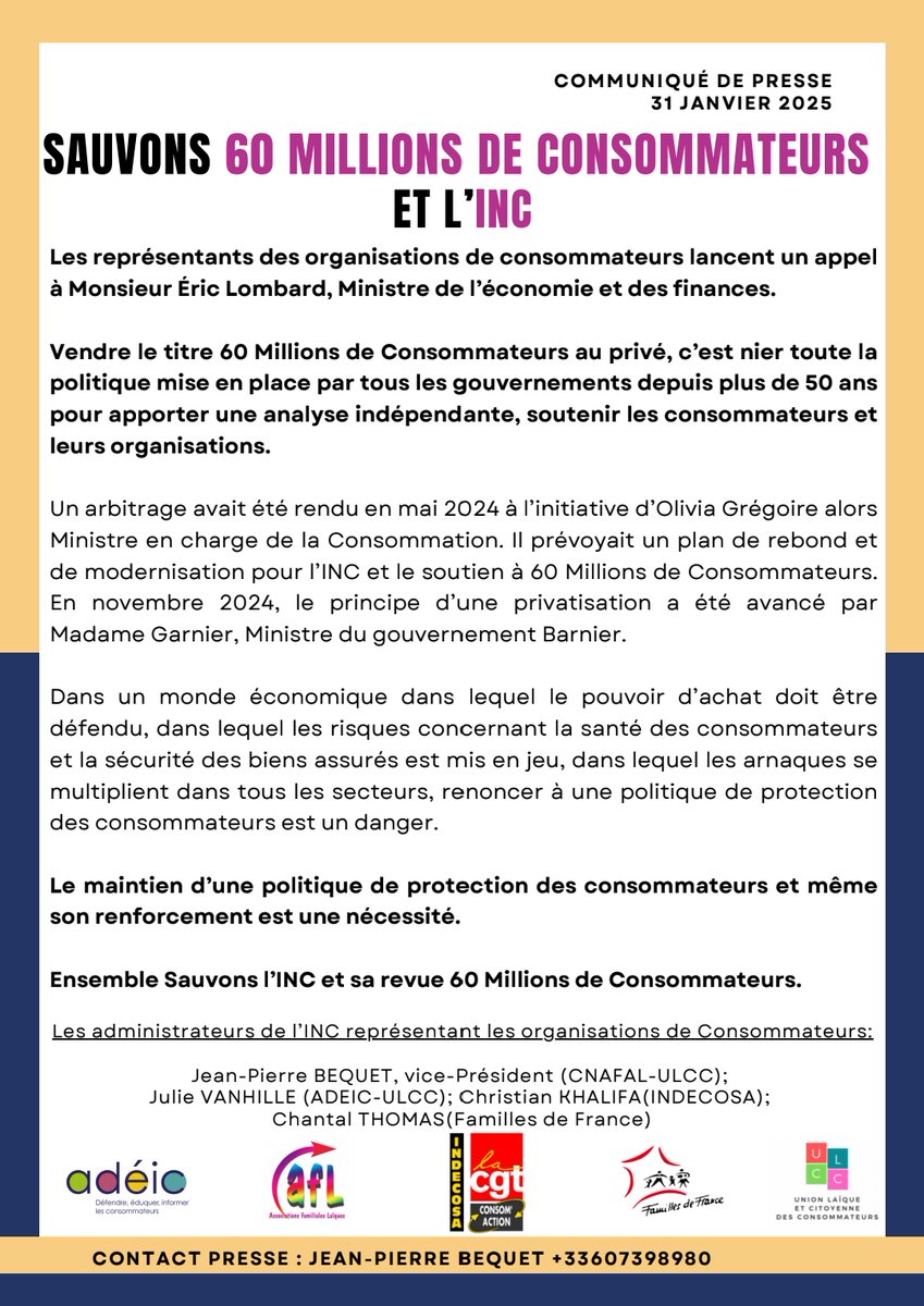 Les associations membre du CA de l'INC lancent un appel à <a href="/Eric_R_Lombard/">Eric Lombard</a>
pour qu'il renonce au projet de vendre <a href="/60millions/">60 Millions de consommateurs</a>
au secteur privé et qu'il revienne au plan de <a href="/oliviagregoire/">Olivia Gregoire</a> adopté en septembre dernier.