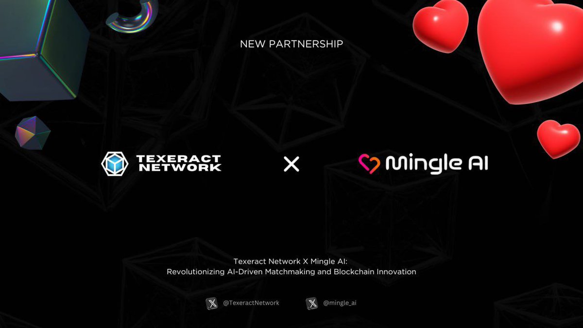 mingle_ai's tweet photo. 🚀Partnership Announcement!

We are proud to partner with @TexeractNetwork to further boost our AI Dating agent solutions!

Texeract Network is the revolutionary Layer 1 blockchain delivering interchain technology, gas-free transactions, and secure Layer 2 solutions.

This partnership allows us to tap into Texeract Network's community and further explore interoperability for seamless transactions across all chains.

$XERA X $MINGLE

Learn more here:
Website - https://t.co/0BbvEoiVSX
Tokenomics - https://t.co/kk2tGQ5fZF
X (Twitter) - https://t.co/R8BjoZawSR
TG - https://t.co/f0lU5v2zxq