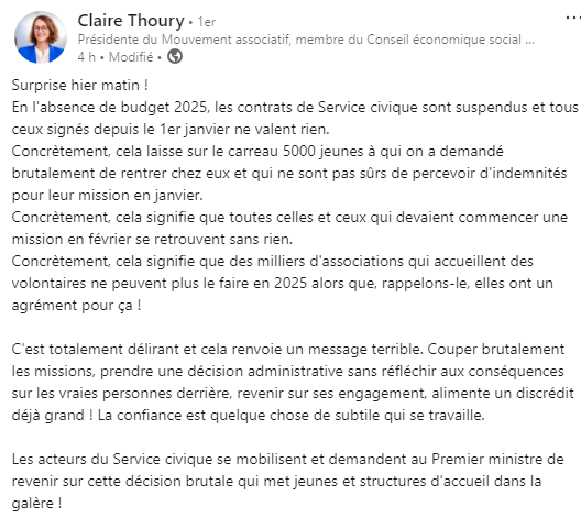 C'est la dernière provocation du gouvernement : suspendre toutes les nouvelles missions de Service Civique tant que le budget 2025 n'aura pas été adopté.

Ce chantage scandaleux maltraite encore une fois la jeunesse et le secteur associatif, déjà malmenés par 7 ans de macronisme.