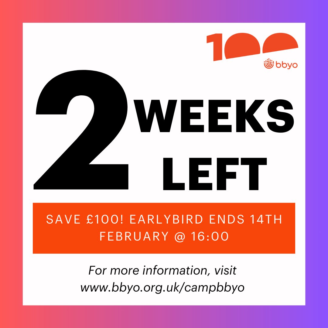 🚨 TWO WEEKS LEFT! 🚨

Don’t miss out on the early bird price for Camp BBYO: Shorashim 2025! ⛺✨ Have an unforgettable summer filled with adventure, friendship, and meaningful Jewish experiences on your terms! 🌍💙

#CampBBYO #Shorashim2025 #JewishSummerCamp