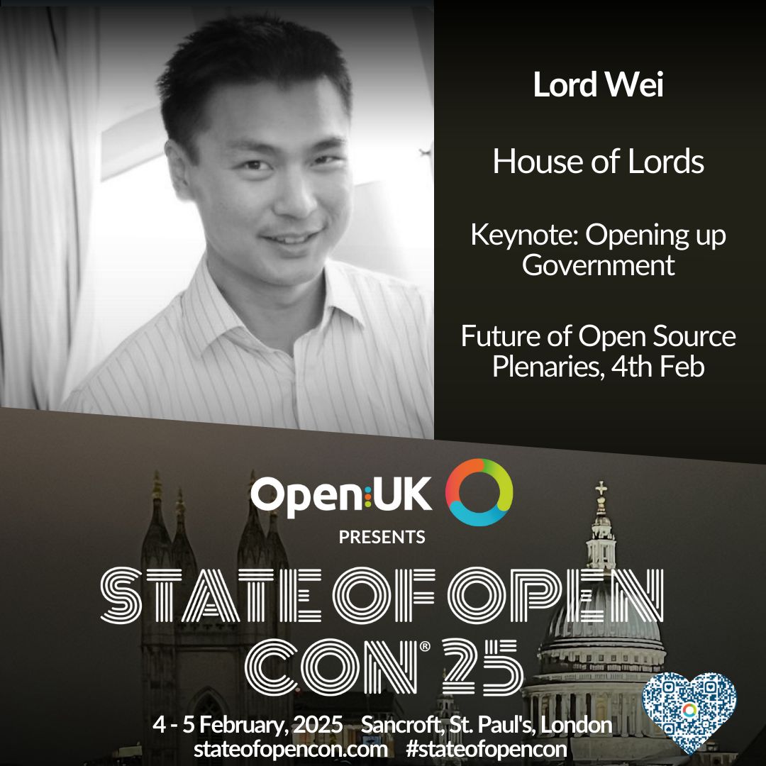 Joining our SOOCon25 Plenaries on Future of Open Source, 4th Feb💡 <a href="/NatWei/">Nat Wei</a> of <a href="/UKHouseofLords/">House of Lords</a> will be giving a Keynote about Opening up Government
 🎤 See schedule 📆 and get your ticket, stateofopencon.com  #opensource #stateofopencon #soocon25  #openuk