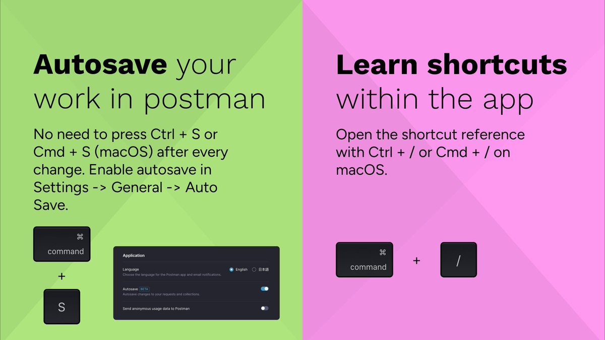 Nimblechapps's tweet image. 💡💡Elevate Your Postman potential with 5 Tips! ⚡💻

1️⃣ Toggle Visibility Sidebar.
2️⃣ Toggle Console.
3️⃣ Go to Specific Tab.
4️⃣ Autosave Your Work.
5️⃣ Learn Shortcuts.

#PostmanTips #APIManagement #ProductivityHacks #EfficiencyBoost #Automation #AppDevelopment #Nimblechapps
