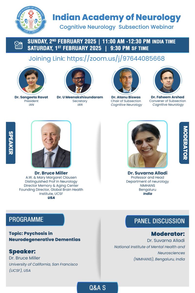 Suvarna Alladi (@alladi_suvarna) on Twitter photo An immense privilege to host Prof Bruce Muller <a href="/brucemillerucsf/">Bruce Miller</a> at <a href="/neuro_ian/">Indian Academy of Neurology</a> , Cognitive Neurology webinar on Sunday 2nd February. 3 generations of neurologists look forward. Do join us zoom.us/j/97644085668 <a href="/Faheem240318/">Faheem Arshad</a> <a href="/atabisneuro/">Atanu Biswas</a> <a href="/drsinjan/">Sinjan Ghosh</a> <a href="/ardsihyd/">ARDSI Hyderabad Deccan Chapter</a> <a href="/DIA_dementia/">Dementia India Alliance</a> An immense privilege to host Prof Bruce Muller <a href="/brucemillerucsf/">Bruce Miller</a> at <a href="/neuro_ian/">Indian Academy of Neurology</a> , Cognitive Neurology webinar on Sunday 2nd February. 3 generations of neurologists look forward. Do join us zoom.us/j/97644085668 <a href="/Faheem240318/">Faheem Arshad</a> <a href="/atabisneuro/">Atanu Biswas</a> <a href="/drsinjan/">Sinjan Ghosh</a> <a href="/ardsihyd/">ARDSI Hyderabad Deccan Chapter</a> <a href="/DIA_dementia/">Dementia India Alliance</a>