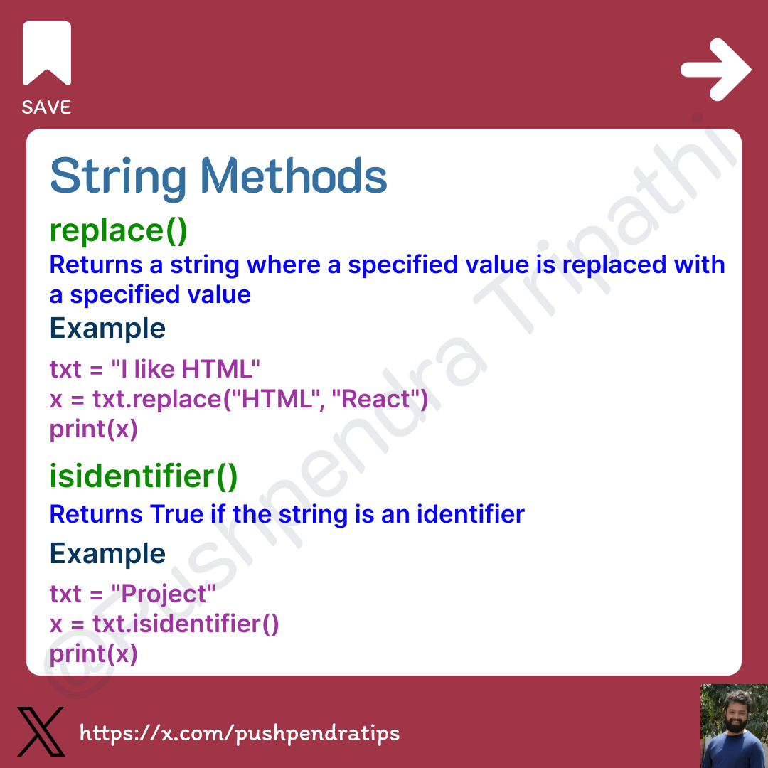 pushpendratips's tweet image. Python String Methods🚀
--------------------------------------------
#PythonUpperLowerCase #PythonStringManipulation #PythonProgramming #LearnPython #coder #coding #PythonTips #PythonForBeginners #python #PythonStrip