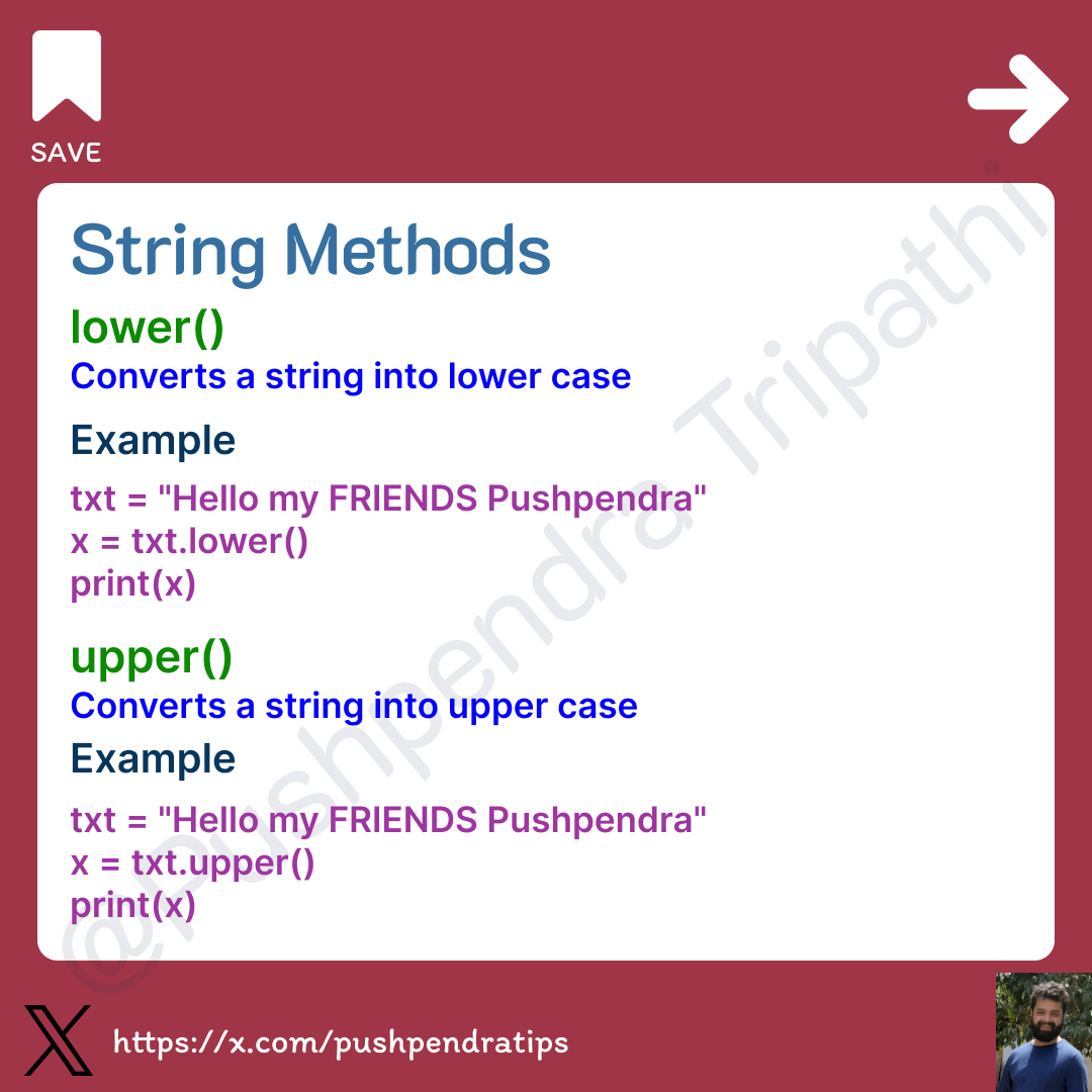 pushpendratips's tweet image. Python String Methods🚀
--------------------------------------------
#PythonUpperLowerCase #PythonStringManipulation
#PythonProgramming #LearnPython #coder #coding
#PythonTips #PythonForBeginners #python #PythonStrip #PythonFindReplace
