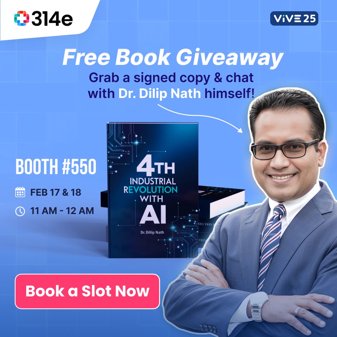 314e's tweet photo. 📘 EXCLUSIVE BOOK SIGNING
@dilipnathnyc , Deputy CIO at SUNY Downstate, is unveiling "4th Industrial Revolution with AI."

🎟 Want a FREE signed copy?
📅 Feb 17 &amp; 18 | 11 AM - 12 PM
📍 @theviveevent '25 | Booth #550
🔗 Book a meeting: https://t.co/ScHnAjvyvj

#ViVEvent #314e https://t.co/V6G1Wuhsnc