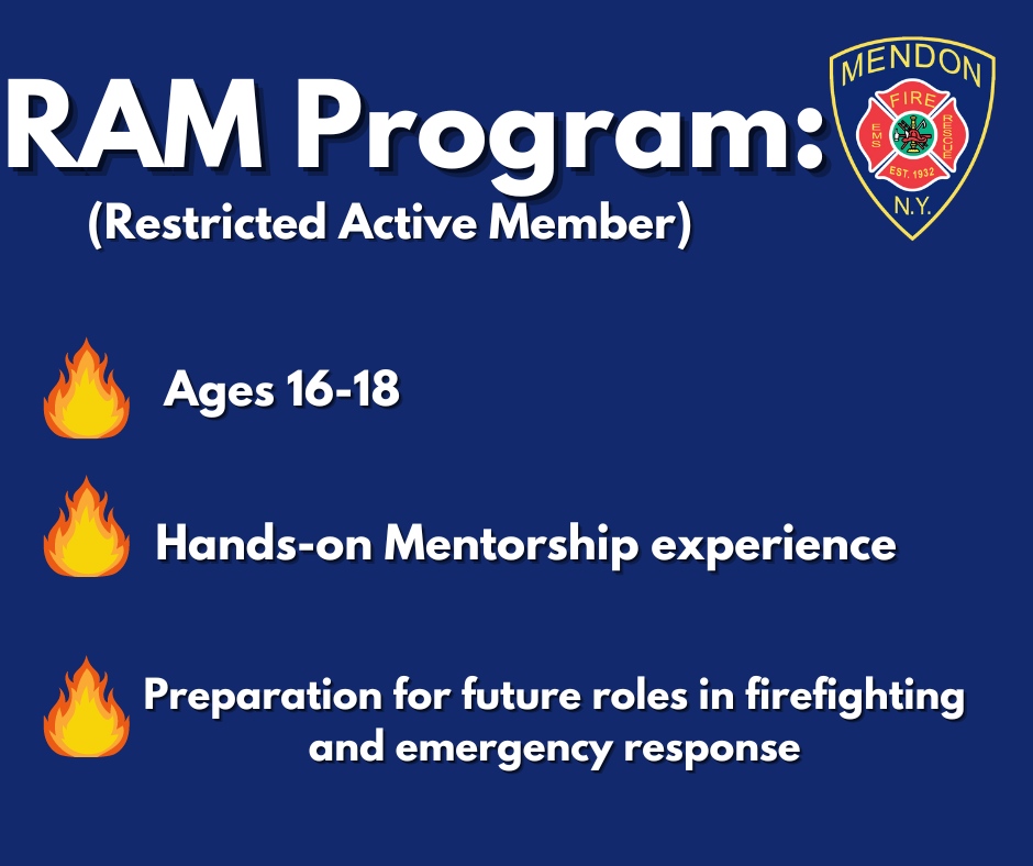 Reminding the Mendon Community of our amazing Restricted Active Member (RAM) Program! 🚒 Designed for young community members aged 16-18, this program offers a unique opportunity to gain invaluable experience in the fire service. Through active participation in non-hazardous a...