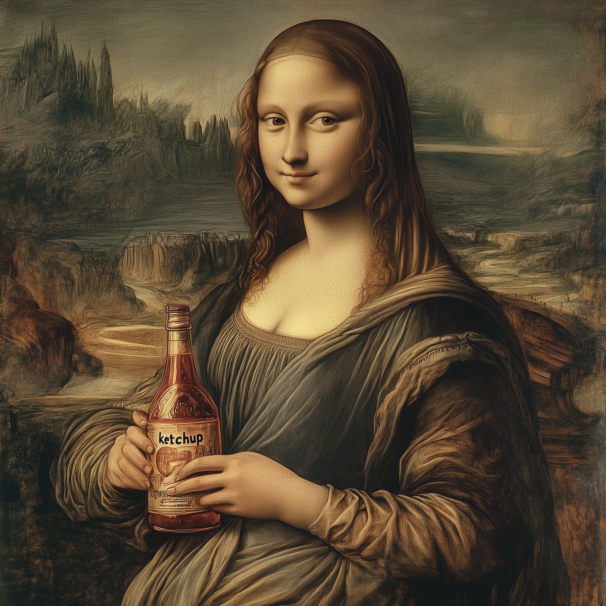 That one you’ve seen in the Louvre is a cheap knock off. 
Here’s the original painting.
