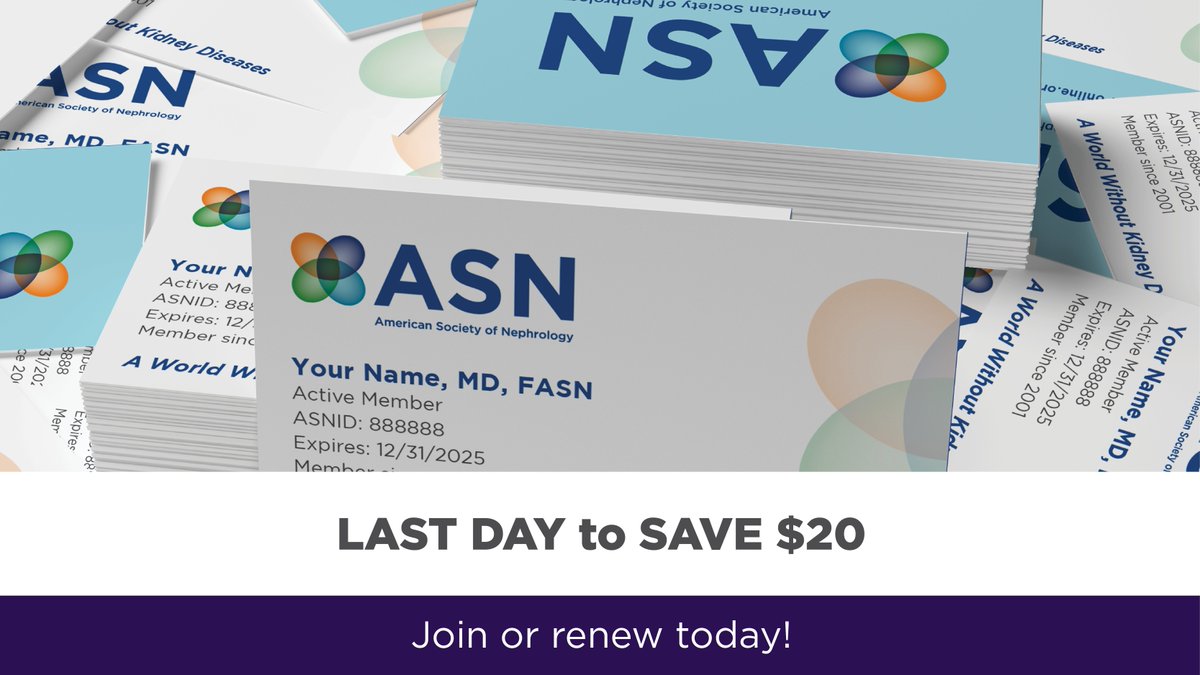 ⏰ Last chance to save $20!

Join or renew your ASN membership today and save $20 before prices go up. Be part of something innovative, influential, and dynamic in nephrology. Exclusive benefits await you all year long.

⏳ Don’t wait, time’s almost up! 🔗asn.kdny.info/JKOy50UPIC3
