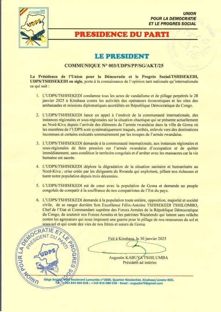 URGENT : À Goma, l'armée rwandaise traque systématiquement et exécute sommairement les membres de l'UDPS/Tshisekedi, alerte le Président intérimaire de ce parti au pouvoir, l'honorable Augustin Kabuya Tshilumba 

C'est une tyrannie sans précédent que l'armée rwandaise est en