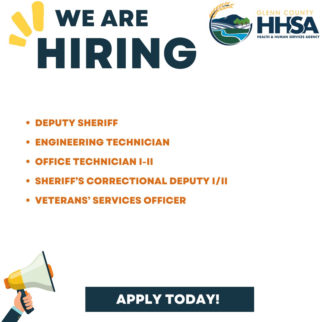 Are you interested in a career with Glenn County? Visit the County of Glenn Personnel webpage ow.ly/81gi50SZJ2V for more information!
Don't forget to follow them on Facebook ow.ly/NvVC50SZJ33