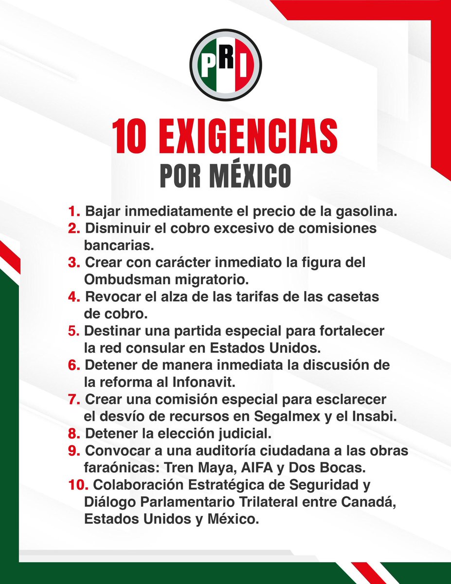México necesita soluciones urgentes, y en el PRI estamos listos para actuar. Presentamos las #10DelPRIPorMéxico, un plan con exigencias claras para mejorar la economía, la seguridad y el bienestar de las familias. ¡Es momento de defender el futuro del país!
