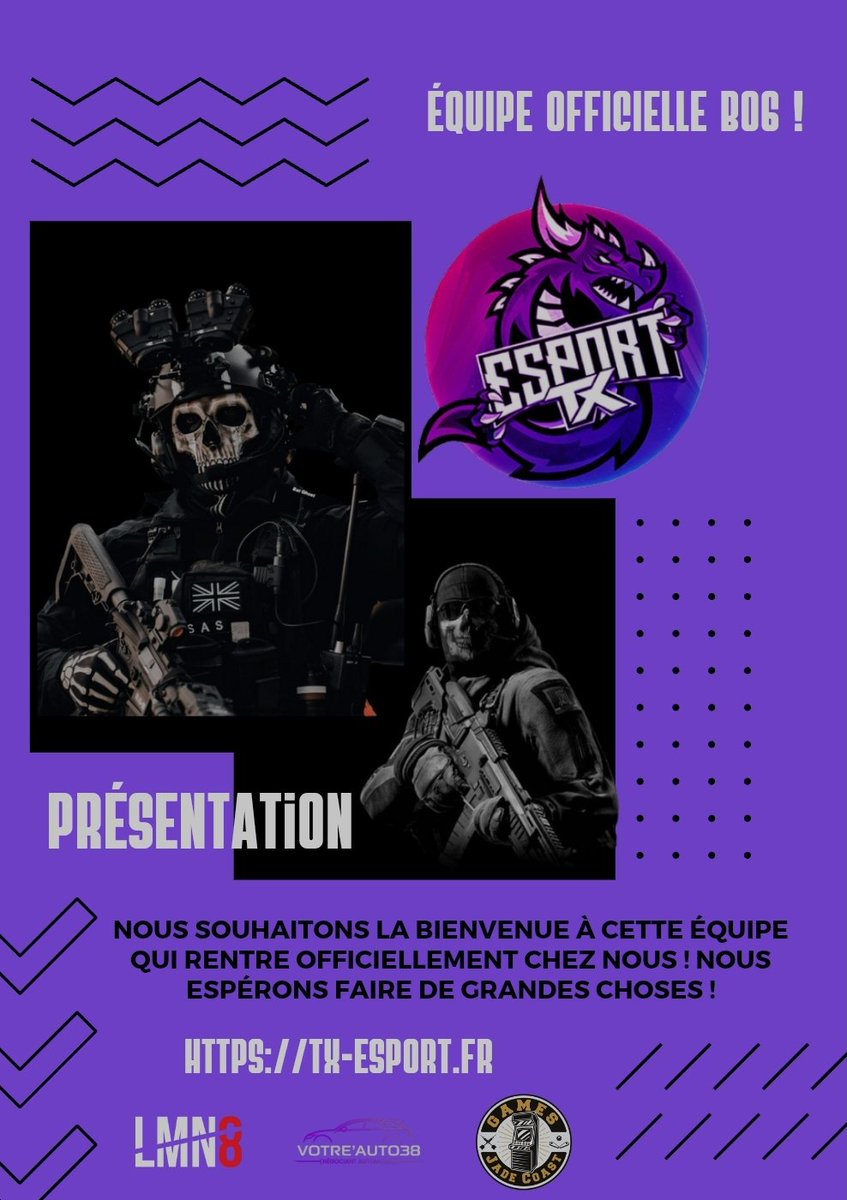 Nous avons le plaisir de vous présenter notre Roster officiel BO6 ⚔️⚫🟣 :

Joueurs :

<a href="/twitchdownhr/">Downhr</a> 
<a href="/ChvllrLeo/">M8 KatChoww</a> 
PapaOurs
Exo
@TX_wolfs_fr 

Let's goooo pour cette aventure et bienvenue à tous ! 
#TXWin #TXEsport #BO6 #CDL #news