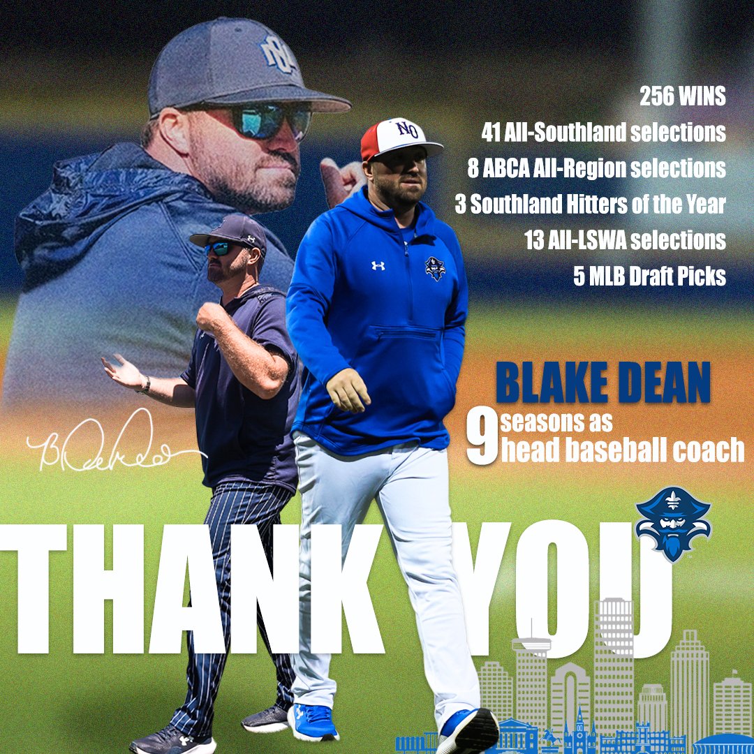 New Orleans Baseball (@privateersbsb) on Twitter photo On his last official day, we thank Blake Dean for everything he has accomplished over the past nine years. Here are just a few of the many achievements from his time leading Privateer Baseball.
Thank you <a href="/bdean34/">Blake Dean</a> !
#NOLAsTeamโ๏ธ #LockedIn๐ On his last official day, we thank Blake Dean for everything he has accomplished over the past nine years. Here are just a few of the many achievements from his time leading Privateer Baseball.
Thank you <a href="/bdean34/">Blake Dean</a> !
#NOLAsTeamโ๏ธ #LockedIn๐