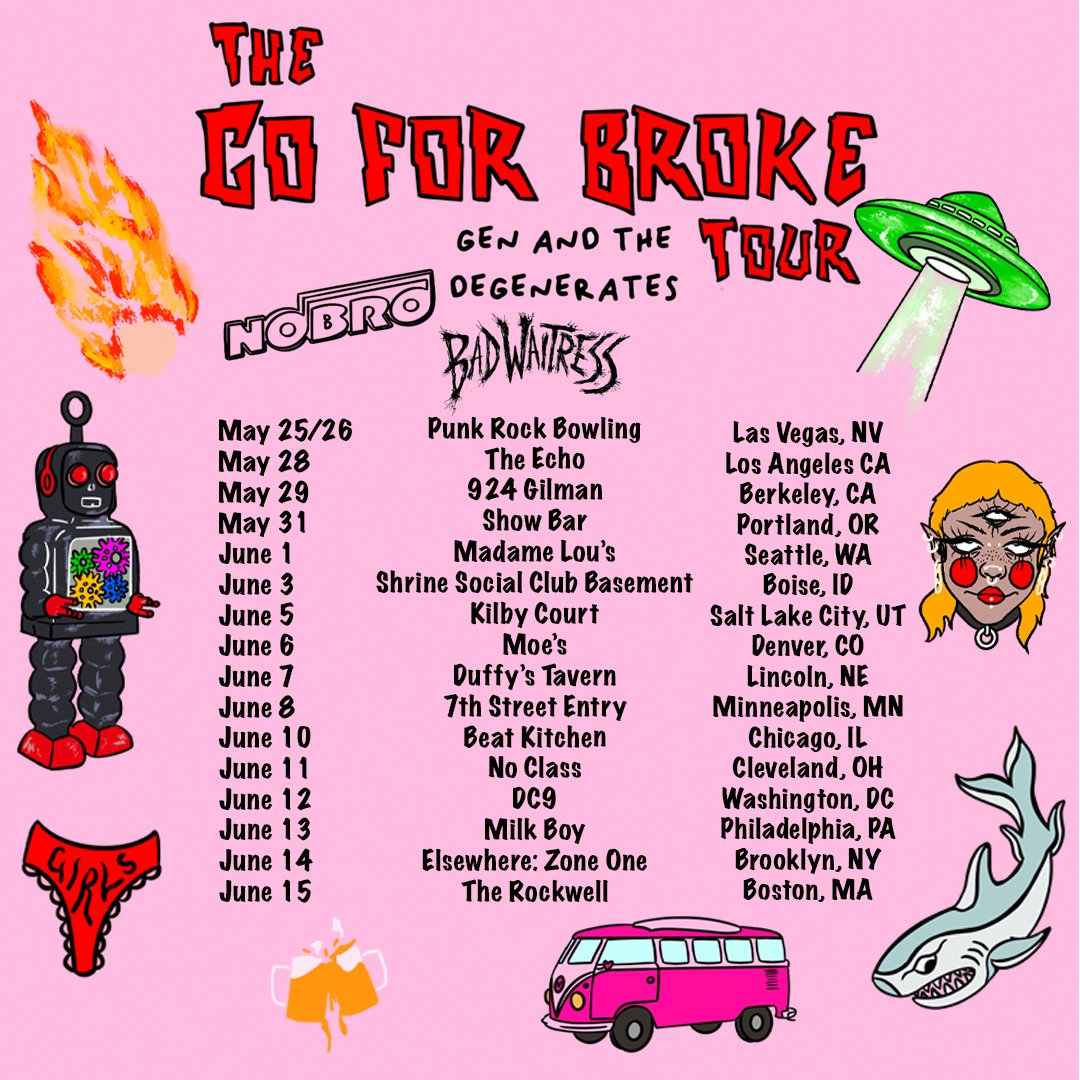 NOBRO (@nobromusic) on Twitter photo NOBRO IS COMING TO NORTH AMERICA!๐ฟ We are hitting the road this spring alongside <a href="/badwaitressband/">Bad Waitress</a> & Gen and the Degenerates. We start in LA and end in Boston with 15 shows in between, grab your tickets today to come SHRED with us๐ฅ
Tickets & Tour Dates: nobroband.com/tour NOBRO IS COMING TO NORTH AMERICA!๐ฟ We are hitting the road this spring alongside <a href="/badwaitressband/">Bad Waitress</a> & Gen and the Degenerates. We start in LA and end in Boston with 15 shows in between, grab your tickets today to come SHRED with us๐ฅ
Tickets & Tour Dates: nobroband.com/tour