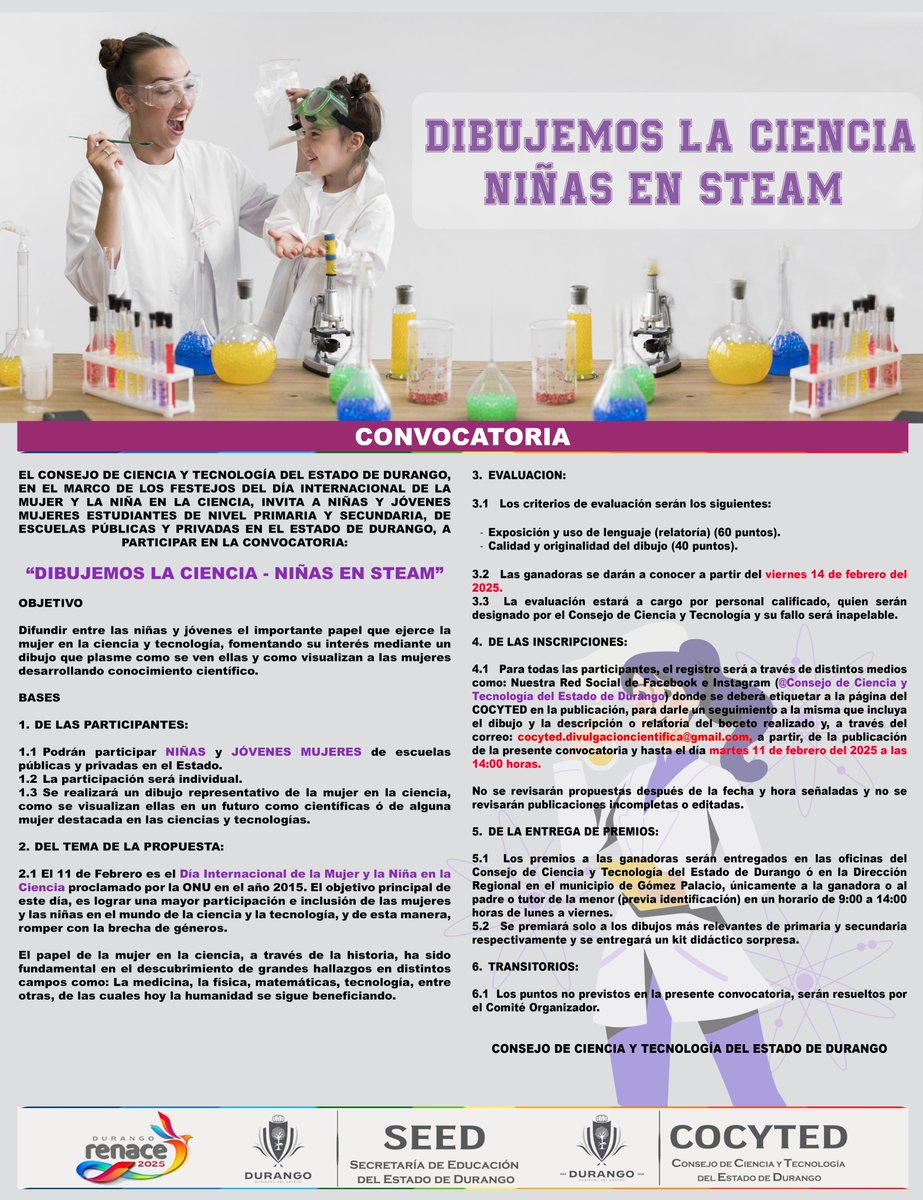 El COCYTED, en el marco del día internacional de la mujer y la niña en la ciencia, invita a niñas y jóvenes mujeres estudiantes de nivel primaria y secundaria, de escuelas públicas y privadas en el Estado a participar en la convocatoria:
“Dibujemos la Ciencia – Niñas en STEAM”