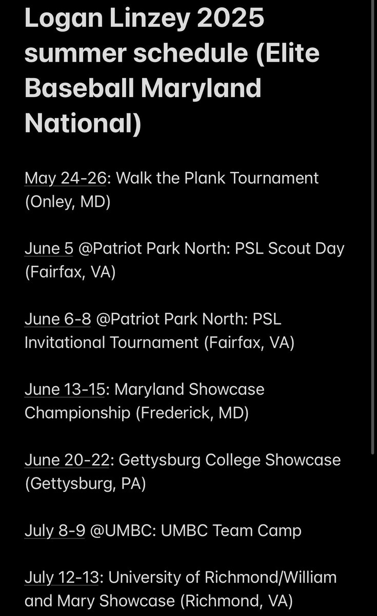 Logan Linzey (@loganlinz26) on Twitter photo My high school spring schedule along with my showcase team summer schedule. <a href="/GPHSPanthers/">Guilford Park HS Athletics</a> <a href="/GPHS_Baseball/">Guilford Park Baseball</a> <a href="/elite_maryland/">Elite Baseball Maryland</a> <a href="/BUncommitted/">Baseball_Uncommitted</a> <a href="/FlatgroundBats/">FLATGROUND Hitting</a> <a href="/McDaniel_BASE/">McDaniel College Baseball</a> <a href="/CoachTreyM/">Trey Martinez</a> My high school spring schedule along with my showcase team summer schedule. <a href="/GPHSPanthers/">Guilford Park HS Athletics</a> <a href="/GPHS_Baseball/">Guilford Park Baseball</a> <a href="/elite_maryland/">Elite Baseball Maryland</a> <a href="/BUncommitted/">Baseball_Uncommitted</a> <a href="/FlatgroundBats/">FLATGROUND Hitting</a> <a href="/McDaniel_BASE/">McDaniel College Baseball</a> <a href="/CoachTreyM/">Trey Martinez</a>