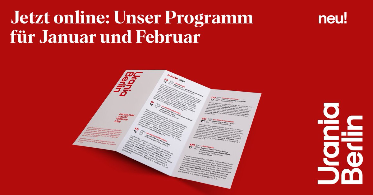 Urania Berlin (@uraniaberlin) on Twitter photo Im Februar erwarten wir u.a. Kunsthistoriker Thomas R. Hoffmann, Politikwissenschaftler <a href="/marceldirsus/">Marcel Dirsus</a>, Jurist <a href="/vieuxrenard/">Ulf Buermeyer</a> und Arzt und Autor Eckard von Hirschhausen bei uns auf dem Podium.
Zum vollen Programm der Urania geht es hier: urania.de/kalender/ Im Februar erwarten wir u.a. Kunsthistoriker Thomas R. Hoffmann, Politikwissenschaftler <a href="/marceldirsus/">Marcel Dirsus</a>, Jurist <a href="/vieuxrenard/">Ulf Buermeyer</a> und Arzt und Autor Eckard von Hirschhausen bei uns auf dem Podium.
Zum vollen Programm der Urania geht es hier: urania.de/kalender/