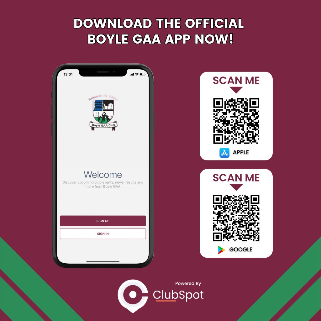 We are delighted to launch the new Boyle GAA App which is now available for download!  

Get your club news, match fixtures, pay membership and play lotto plus more!