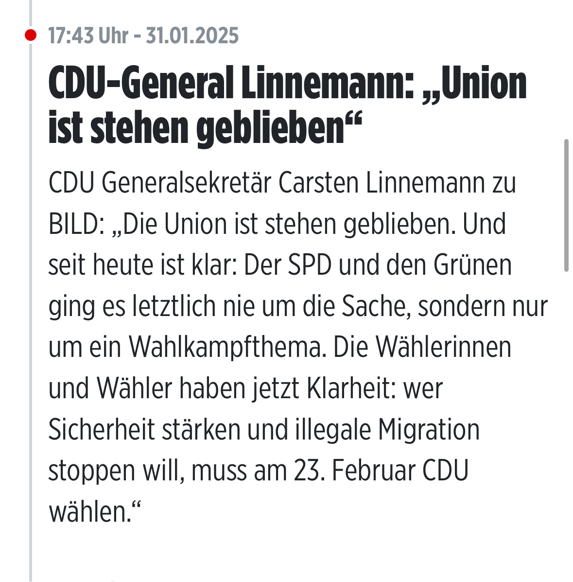 „Die Union ist stehen geblieben“, sagt CDU-Generalsekretär #Linnemann zu <a href="/BILD/">BILD</a>. „Und seit heute ist klar: #SPD und #Grünen ging es nie um die Sache, sondern nur um ein Wahlkampfthema. Wer Sicherheit stärken und illegale #Migration stoppen will, muss am 23. Februar #CDU wählen.“