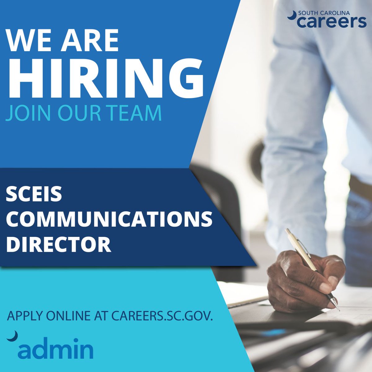 sc_deptofadmn's tweet photo. Last chance to apply! Join our team as a SCEIS Communications Director. This position supports Admin and its customers by developing, coordinating and disseminating SC Enterprise Information System (SCEIS) communications. Apply by Feb. 2 at https://t.co/CEWkLex7Dt. #SCCareers https://t.co/xS8e0KAUbd