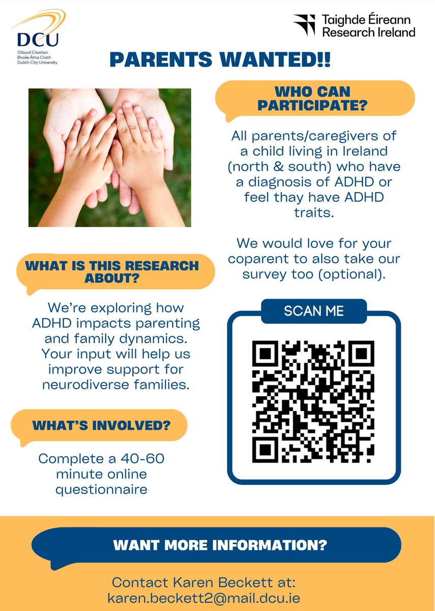 Archways (@archways18) on Twitter photo ๏ฟผ
๐ข Calling All Parents!
Do you have ADHD or ever thought you might have some traits of it? DCU is conducting a research study to explore how ADHD traits or a diagnosis in parents affect family life, parenting styles, stress & sleep. More info karen.beckett2@mail.dcu.ie ๏ฟผ
๐ข Calling All Parents!
Do you have ADHD or ever thought you might have some traits of it? DCU is conducting a research study to explore how ADHD traits or a diagnosis in parents affect family life, parenting styles, stress & sleep. More info karen.beckett2@mail.dcu.ie