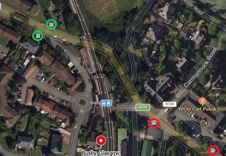 Travel to/from Busby? Please be aware that from Monday, we're changing where replacement buses pick up/drop off due to community feedback.

It'll change from the ‘White Cart Pub &amp; Grill’ side to the opposite side of the railway ‘Clarkston’ side .
🟢 ~ New bus stops
🔴 ~ Old bus
