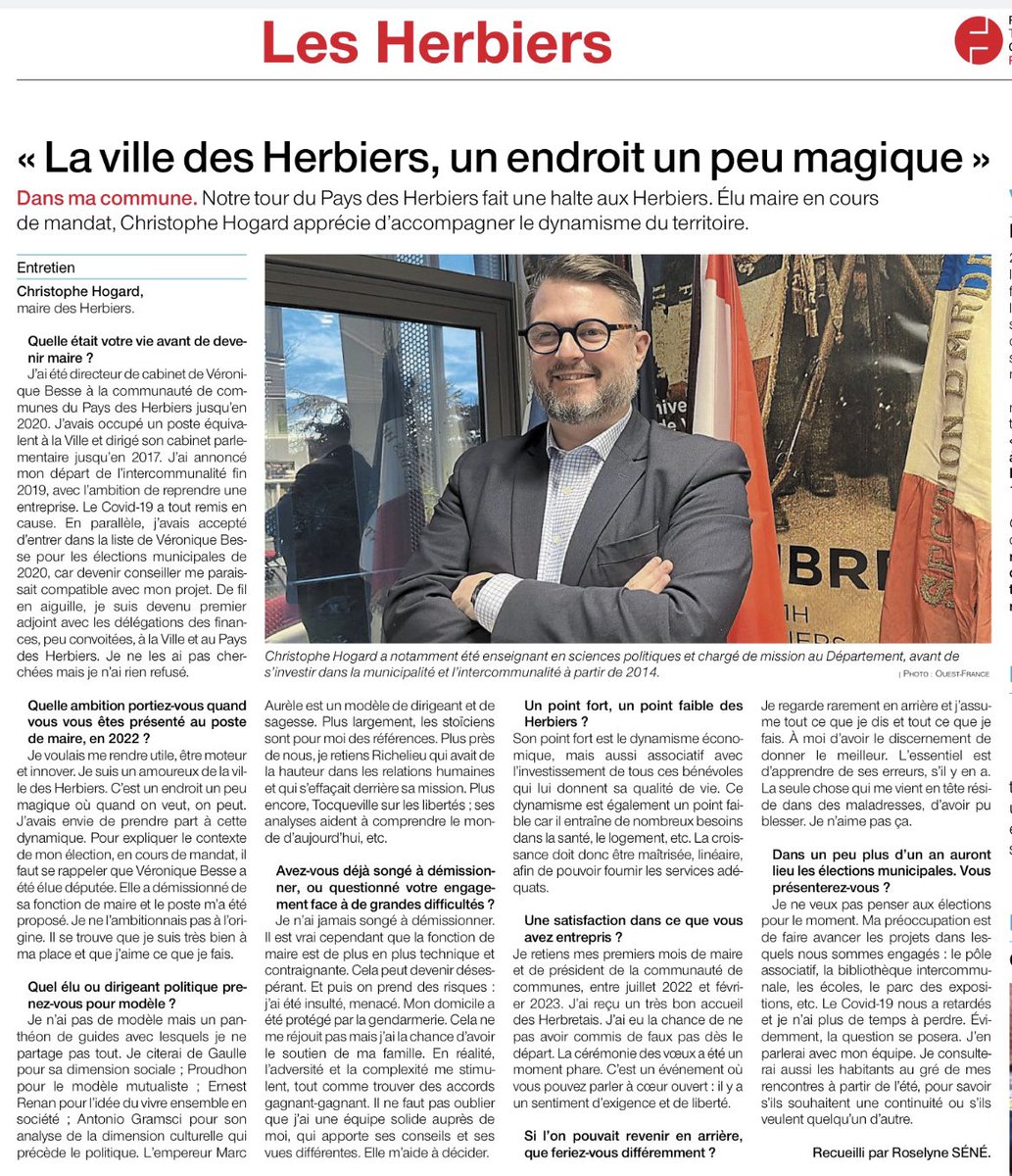💙 « Je suis un amoureux de la Ville des Herbiers » ! 

🗞️ Retrouvez mon entretien dans l’édition <a href="/OuestFrance85/">Ouest-France 85</a> - Les Herbiers de ce vendredi 31 janvier.

<a href="/lesherbiers/">Les Herbiers</a> • #paysdesherbiers • <a href="/DepVendee/">Département Vendée</a>