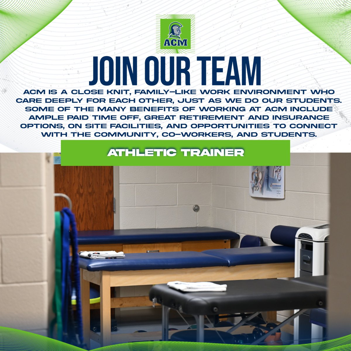 By becoming our second full time AT, you would work along side ACM Athletics Staff and Student Athletes. 

For more information, full job description, salary information, benefits and to apply: schooljobs.com/careers/allega…