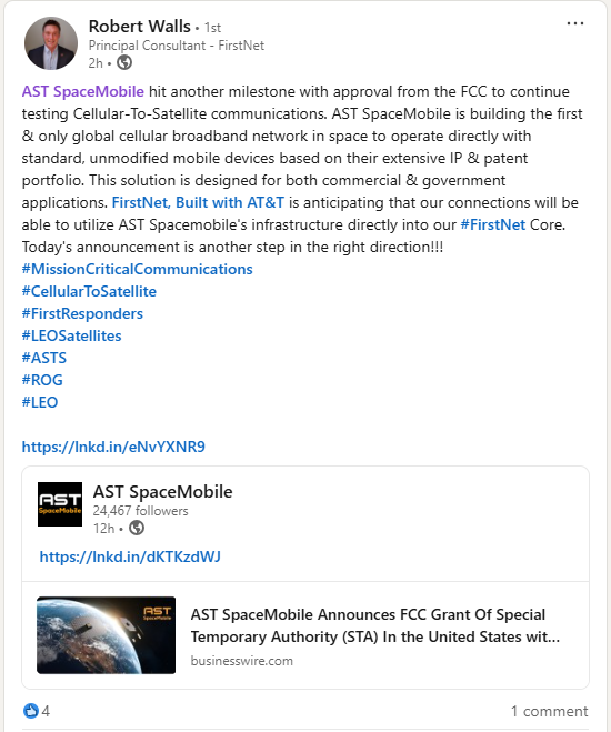 defiantclient's tweet image. $ASTS: Does it get any more obvious than this?

"@FirstNet / @FirstNetGov is anticipating that our connections will be able to utilize @AST_SpaceMobile's infrastructure directly into our hashtag#FirstNet Core. Today's announcement is another step in the right direction!!!"