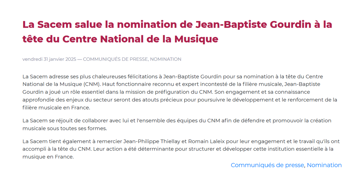 La Sacem salue la nomination de Jean-Baptiste Gourdin à la tête du <a href="/le_CNM/">Centre national de la musique</a>,  dont l'expertise sera précieuse pour la filière musicale. 🎶   

La Sacem remercie également Jean-Philippe Thiellay et Romain Laleix pour leur engagement.
