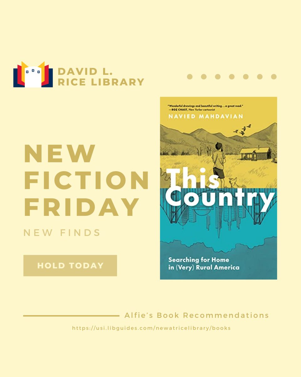 RiceLib's tweet image. It's New Fiction Friday! 🎉 
 You can borrow 'This Country' today! You can place your hold on new popular fiction: library.usi.edu/record  

As much as Alfie loves giving suggestions, he loves receiving them, too! What do you recommend Alfie read next? 

- #usi #ricelibrary