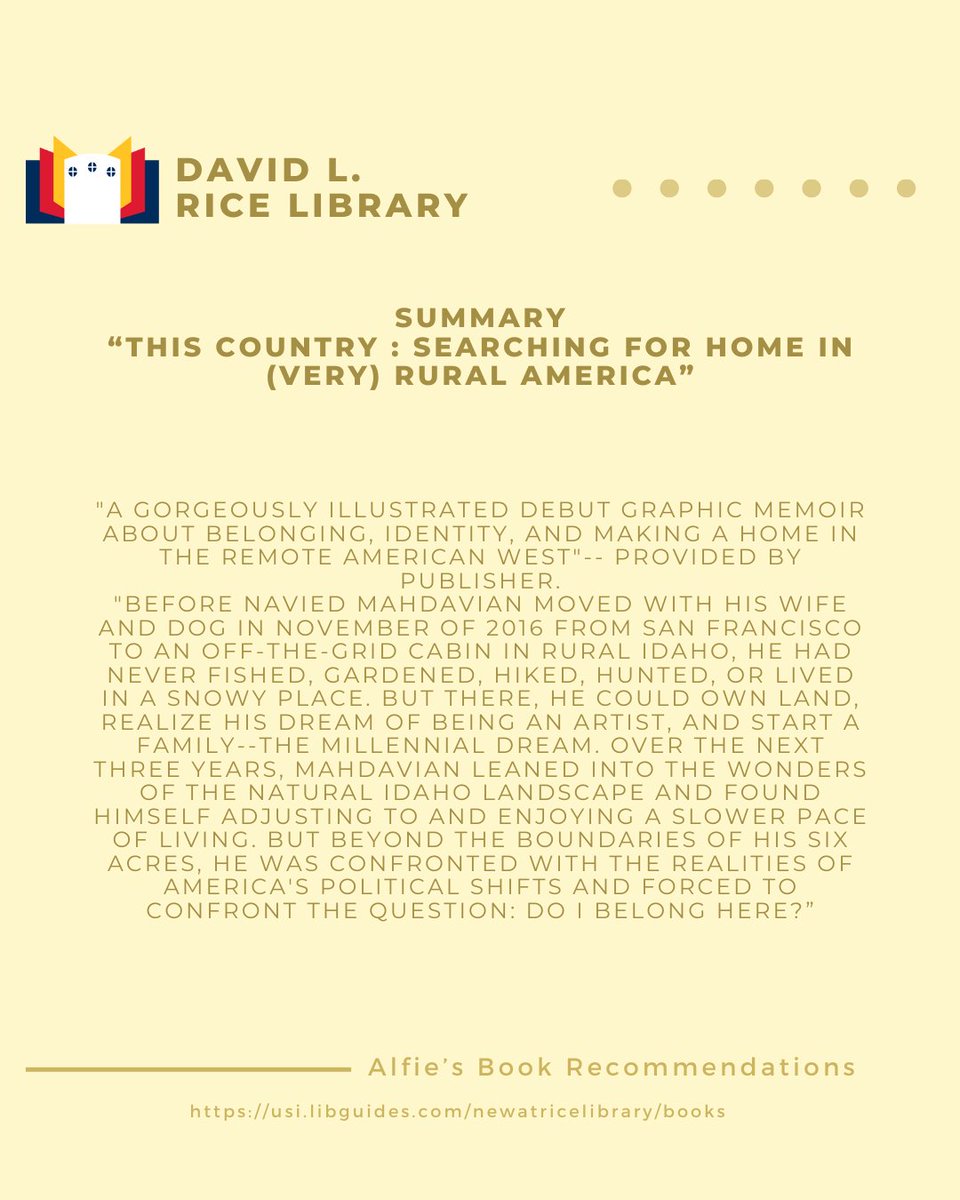 RiceLib's tweet image. It's New Fiction Friday! 🎉 
 You can borrow 'This Country' today! You can place your hold on new popular fiction: library.usi.edu/record  

As much as Alfie loves giving suggestions, he loves receiving them, too! What do you recommend Alfie read next? 

- #usi #ricelibrary